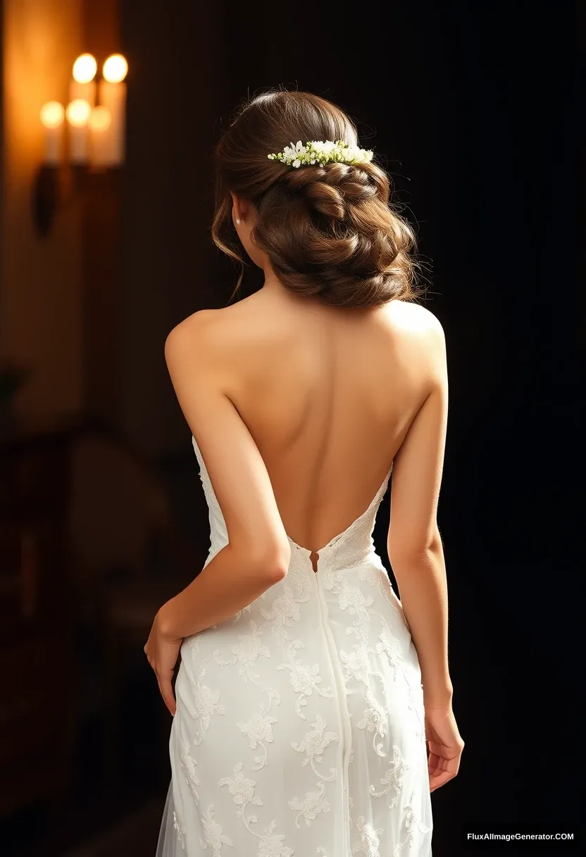 a young woman, sensitive, delicate, ashamed, backless strapless low-waisted petite wedding dress