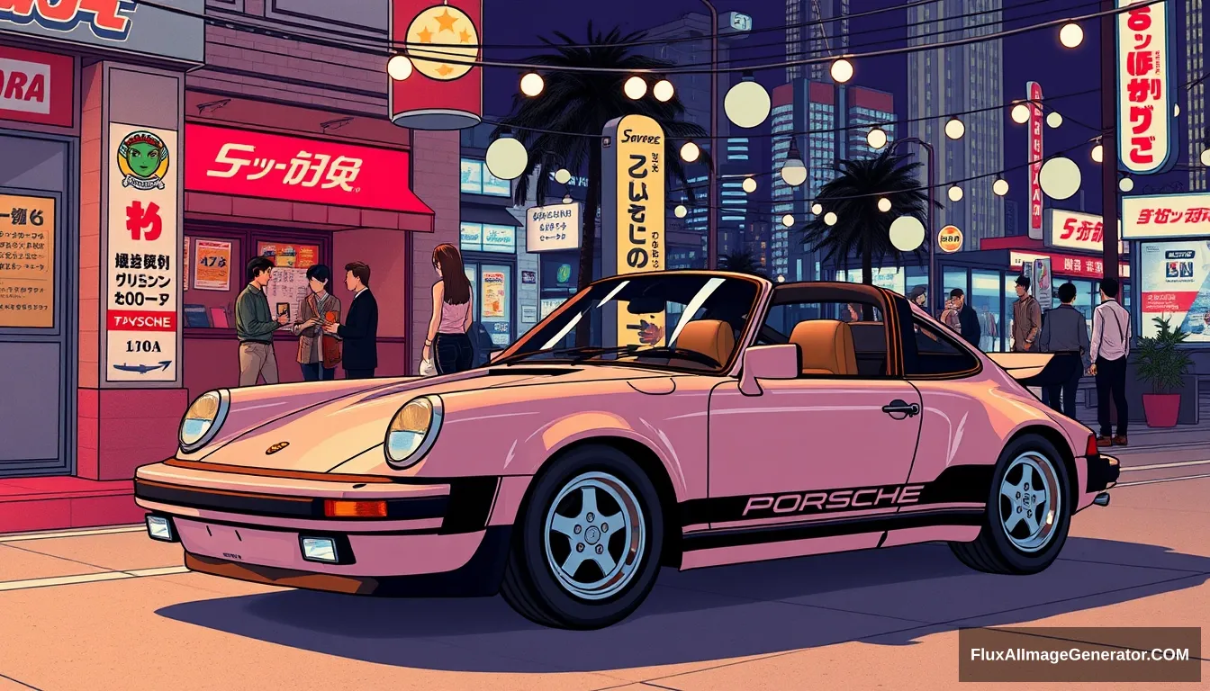 Japanese retro anime style pop chic style 80s and 90s manga intense in soirée chic and Porsche. - Image