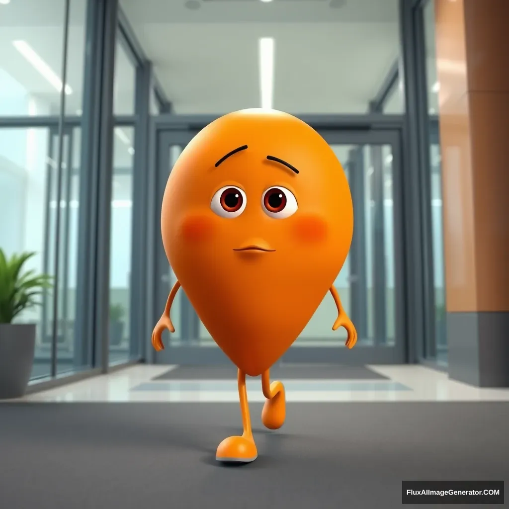 3D Pixar-style character with a smooth, inverted triangle round body shape, colored in bright orange. The character has a broad upper body tapering to a narrow bottom, with eyes, nose, and mouth all within the inverted triangle body. The character is walking into an office building. The character’s body is an inverted triangle shape, wide at the top and narrowing towards the bottom.