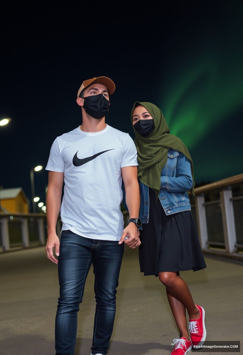 Jamie Dornan, handsome, leather cap, black face mask, white Nike t-shirt, jeans, sneakers, dating romantically with a Muslim girl in a green army hijab, beautiful eyes, black face mask, jeans jacket, longest skirt, not a tall girl, red sneakers, holding hands, photorealistic, street photography, full photography, selfie photos, night scenery, aurora. - Image