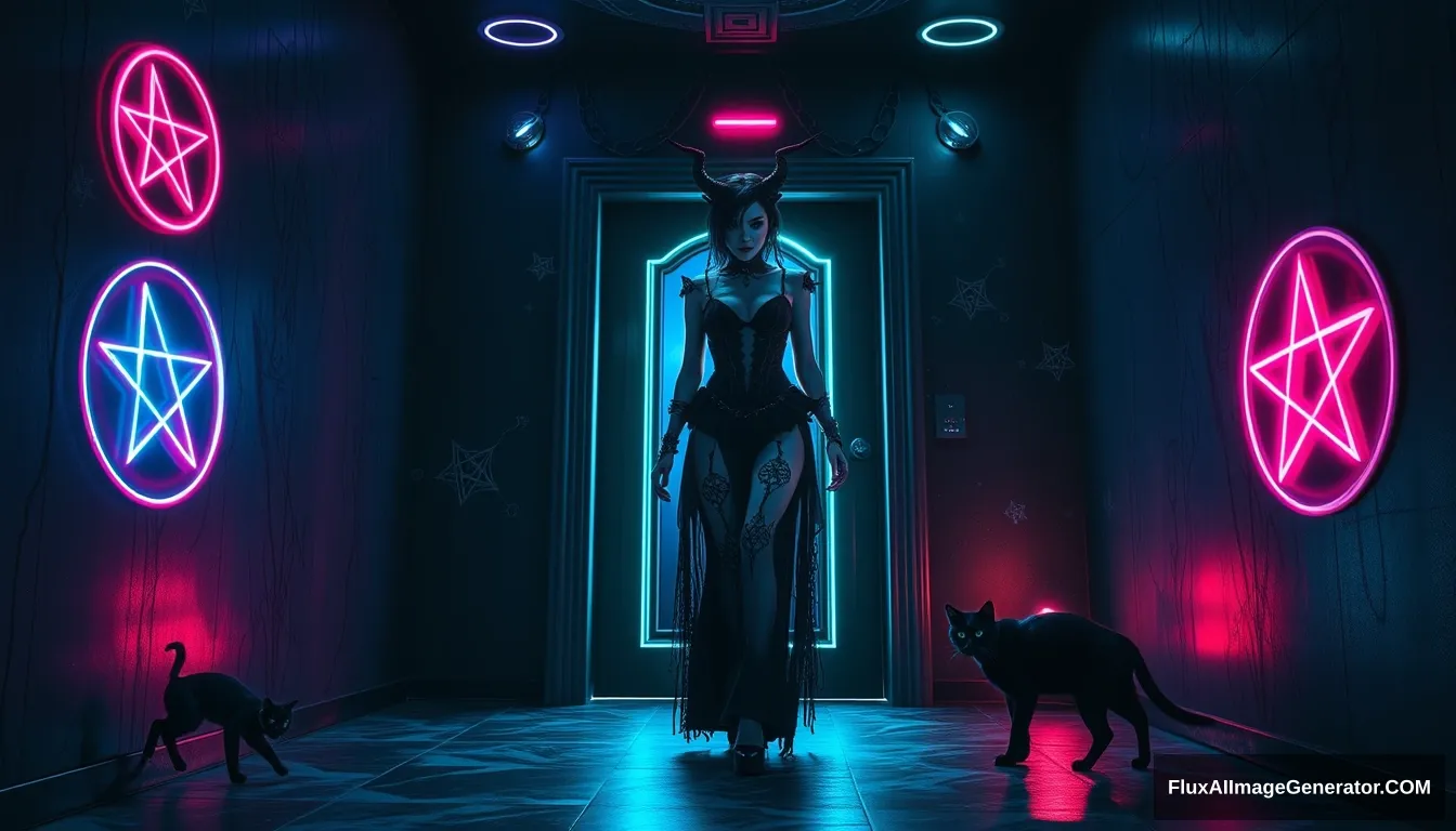 A striking goth demon woman, adorned with intricate dark attire, steps through a luminous door into a shadowy cyberpunk room, where vibrant neon hues dance on metallic surfaces, illuminating neon pentagrams etched on the walls and ceiling, while a sleek black cat lurks in the corner, adding an air of mystery. - Image