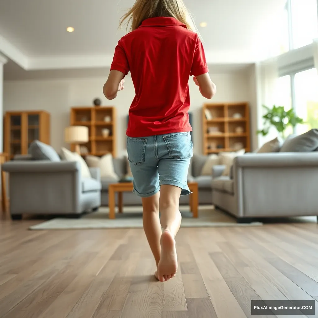 A front view of a skinny blonde woman in her large living room, wearing an oversized red polo t-shirt that is imbalanced on one shoulder, along with knee-length light blue denim shorts. She is barefoot and faces the camera as she gets off her chair, running towards the camera with both arms by her sides. - Image