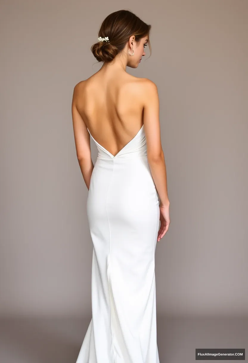 A short young woman, sensitive, delicate, backless strapless side-less low-waisted contouring wedding dress with a breezy loose open back spilling open to the sides, that seems like it was intentionally left undone, in front of elder patriarchy, expectations, perfect posture. - Image