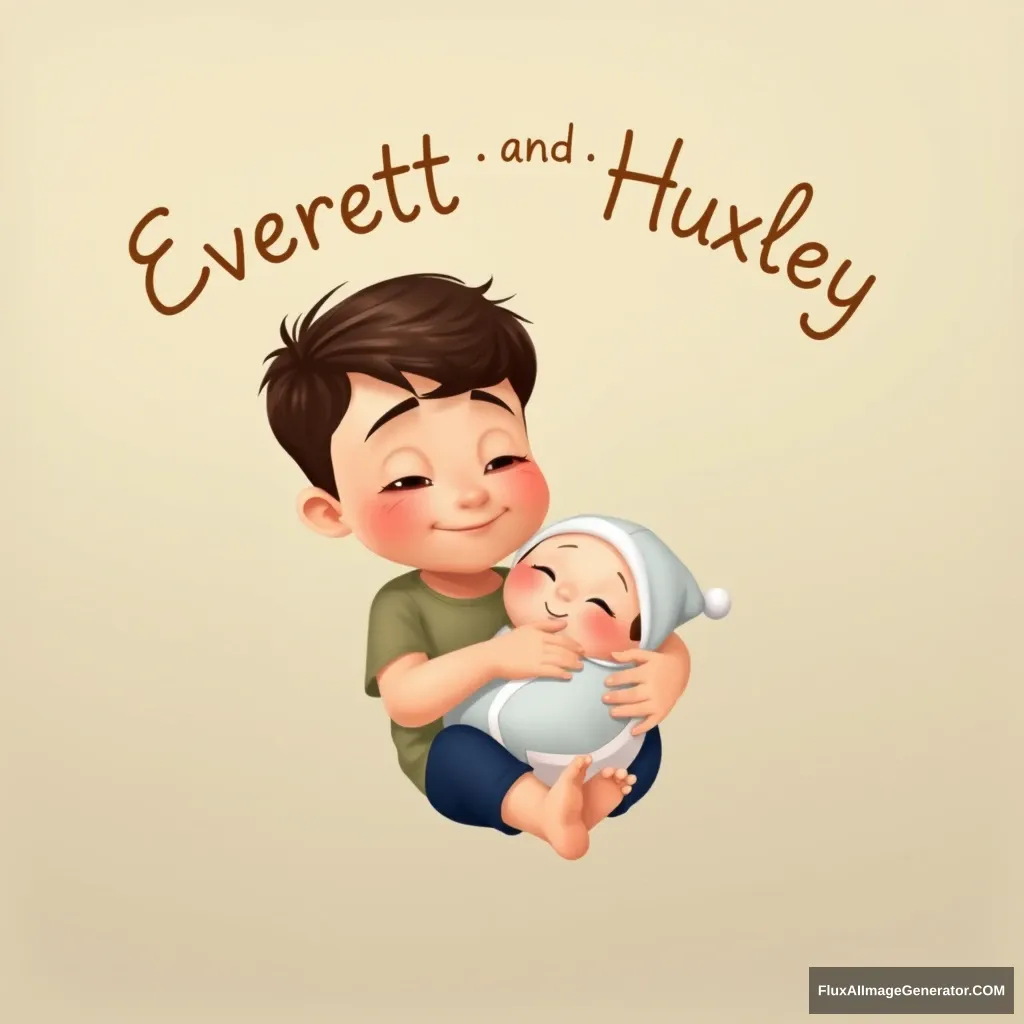 A 2 and a half year old boy cuddling his newborn baby brother. Above them float their names "Everett and Huxley". Pixar style.