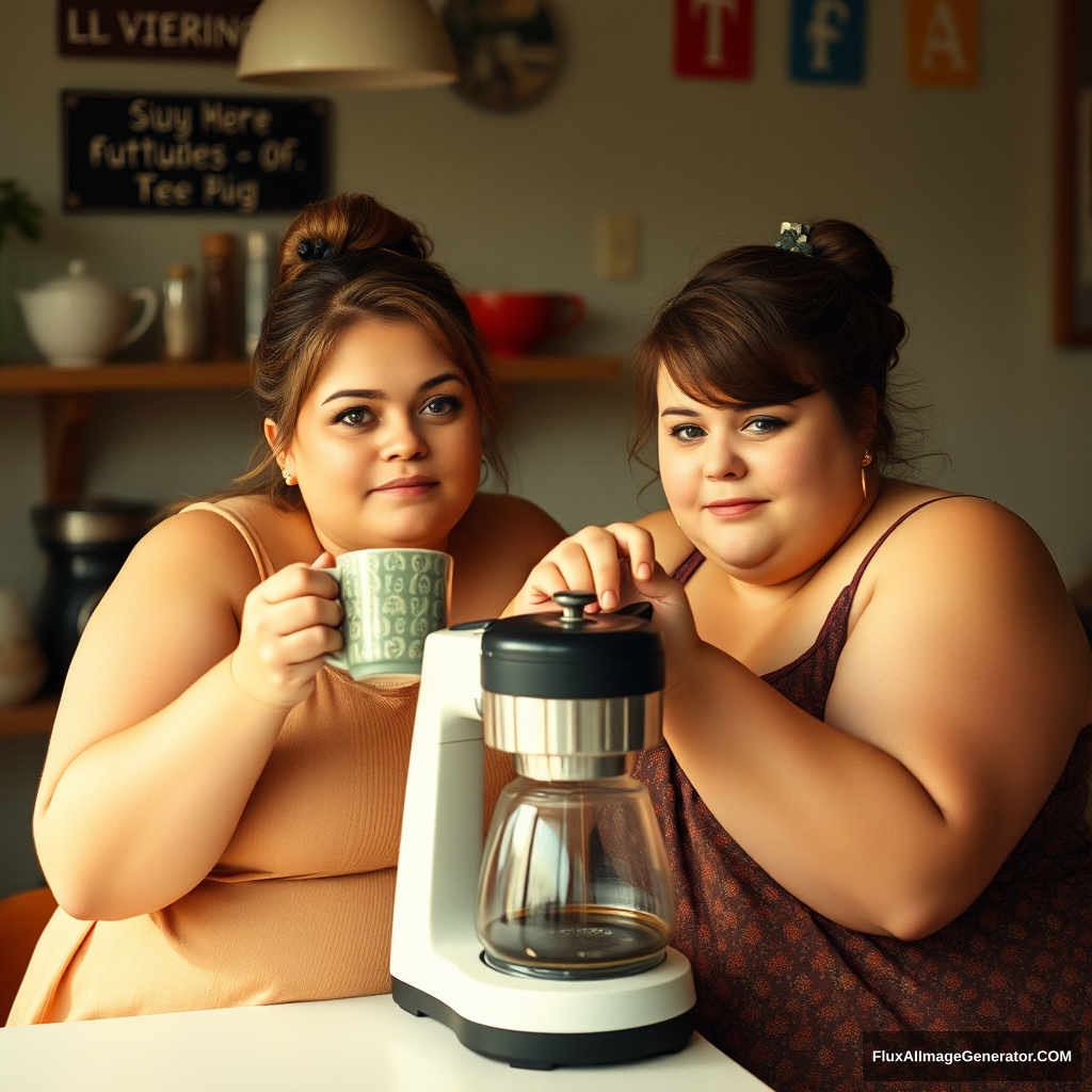 I see chubby women making coffee, gazing into the camera with low-resolution fidelity, unique. - Image