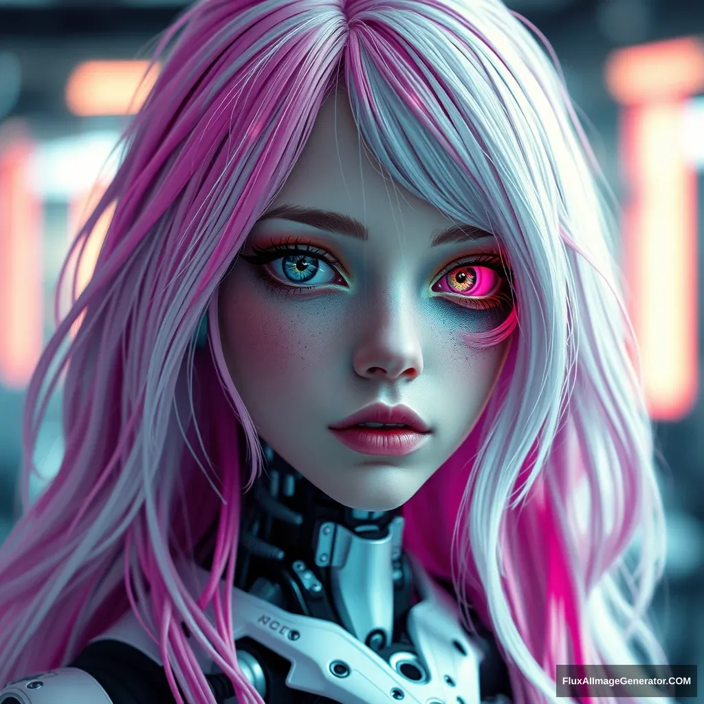 An 18-year-old Cyberpunk Cyborg Girl with long white and pink hair and princess-cut edges, featuring very delicate and beautiful characteristics, a beautiful kingdom. She has a heart-shaped face, a mechanical right eye, and a captivating gaze that conveys a sense of powerlessness about the future while simultaneously expressing hope, with a deep wilderness and a strong stare. Certain parts of her face are also mechanical, and her neck is mechanical as well. She is half cyberpunk robot, with an artistic style, distinct focal features, and super realistic 4K. - Image