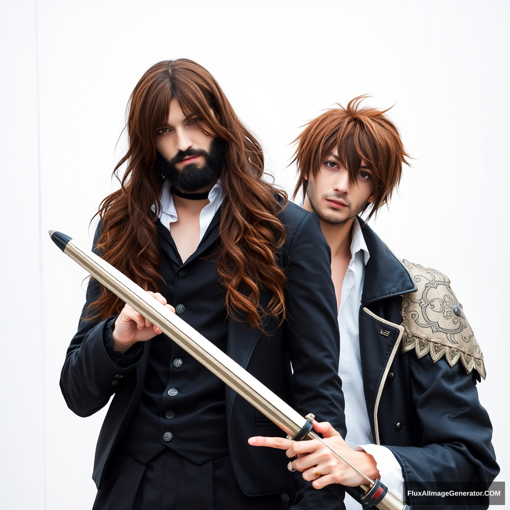 Full Body Picture of Long Brown Haired and Short Bearded Guy cosplaying as Raito of Death Note