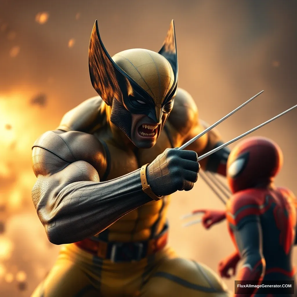 Wolverine fighting Spider-Man, movie film photo, 4K resolution