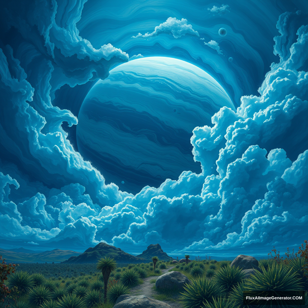 Illustration of Jupiter clouds by Dan Mumford, alien landscape and vegetation, epic scene, a lot of swirling clouds, high exposure, highly detailed, realistic, vibrant blue tinted colors, UHD. - Image