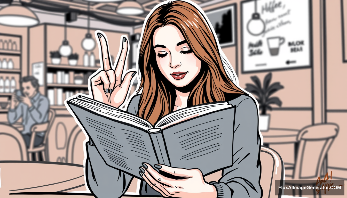 "Please draw a woman reading a book. A woman with long hair is reading a book in a coffee shop. She is reading while making a finger heart sign." - Image