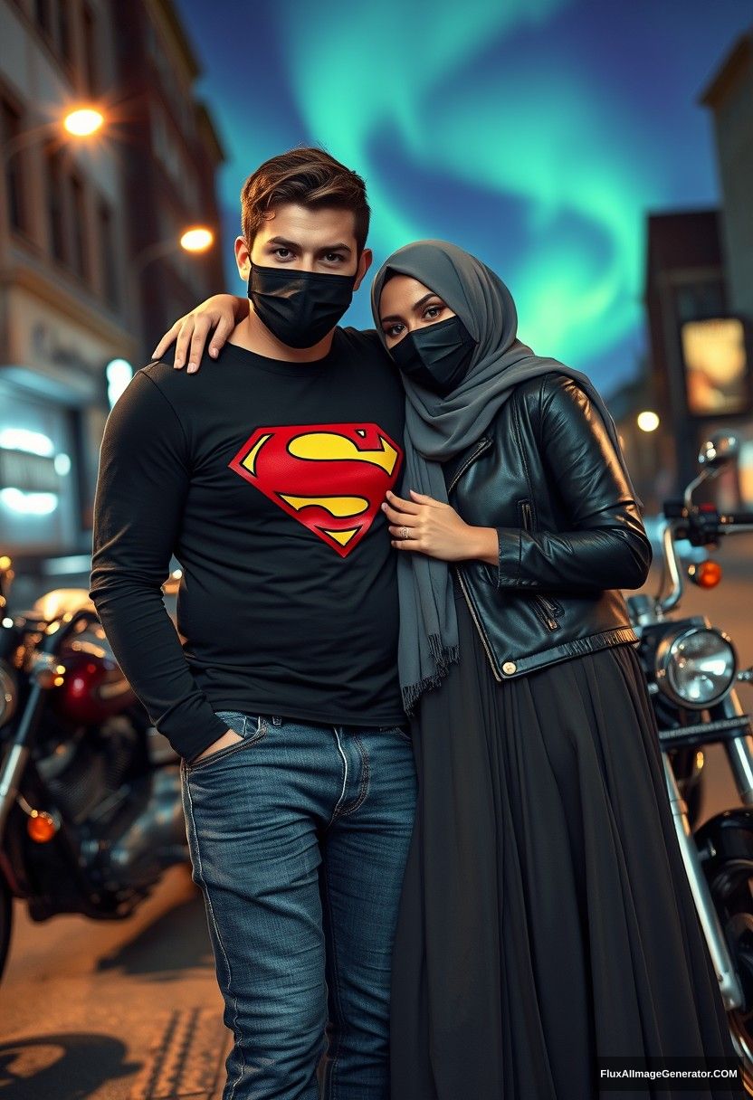 Jamie Dornan, tall and young, wearing a black face mask, a long-sleeved black Superman T-shirt, and jeans. 

He is dating a lovely, romantic grey hijab-wearing Muslim girl with beautiful eyes, who is also wearing a black face mask, a leather jacket, and a very long and large skirt. She is not tall.

They are laying on the shoulder, standing near motorbikes for a photoshoot, with a Harley Davidson model in town, captured in photorealistic street photography at night, with an aurora borealis in the background. - Image