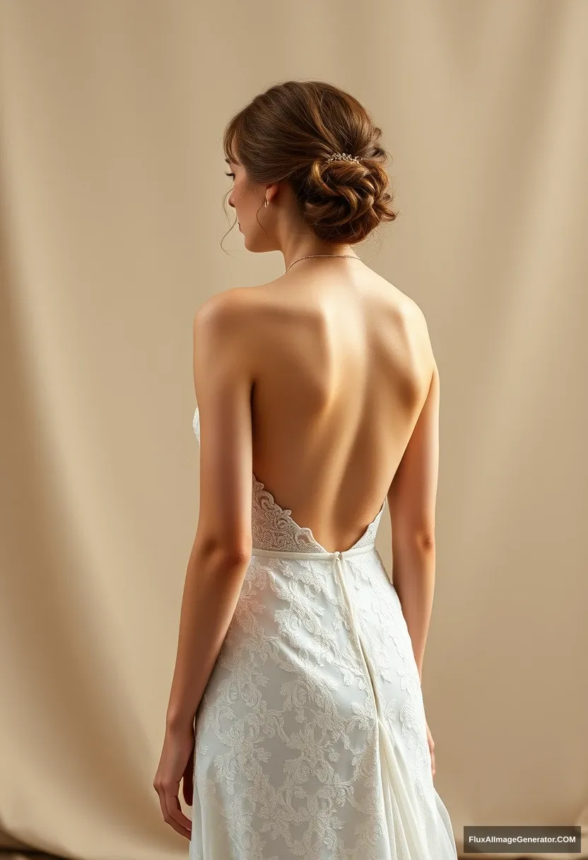 A short young woman, sensitive, delicate, backless strapless side-less low-waisted contouring wedding dress with a breezy loose open back spilling open to the sides, that seems like it was intentionally left undone. In front of the patriarchy council. Expectations. Perfect posture. Pale skin. Voluptuous. - Image