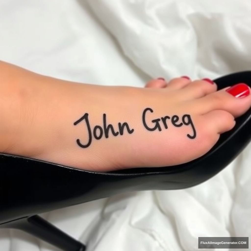 A woman's foot with the name "John Greg" on it. Her foot is inside a black heel. Her toenails are painted red.