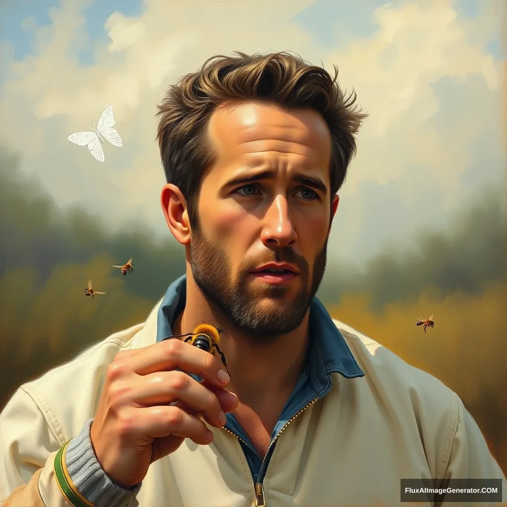 I want a painting of Ryan Reynolds being portrayed by John Oliver in a movie about beekeeping.