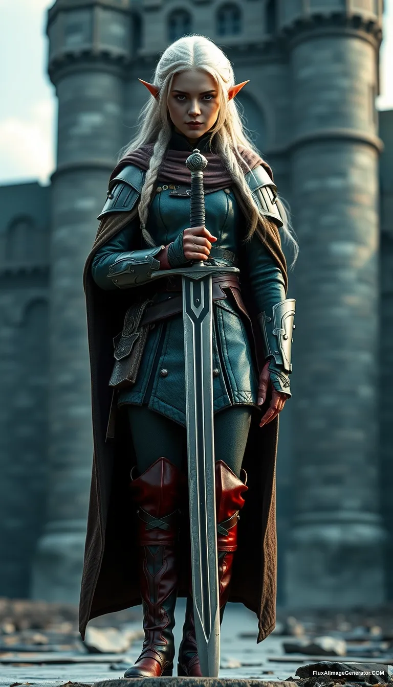 Gorgeous and elegant girl elf warrior (Emma Watson) guards with a sword, full body shot, platinum colored hair, greenish metallic military uniform, reddish military metallic boots, dark brown cloak, defocused background castle, hyper-realistic photo, Unreal Engine. - Image