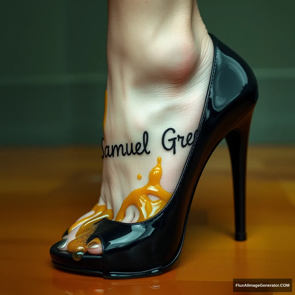 The name "Samuel Greg" on a woman's foot in a black high heel. There is oil all over the foot.