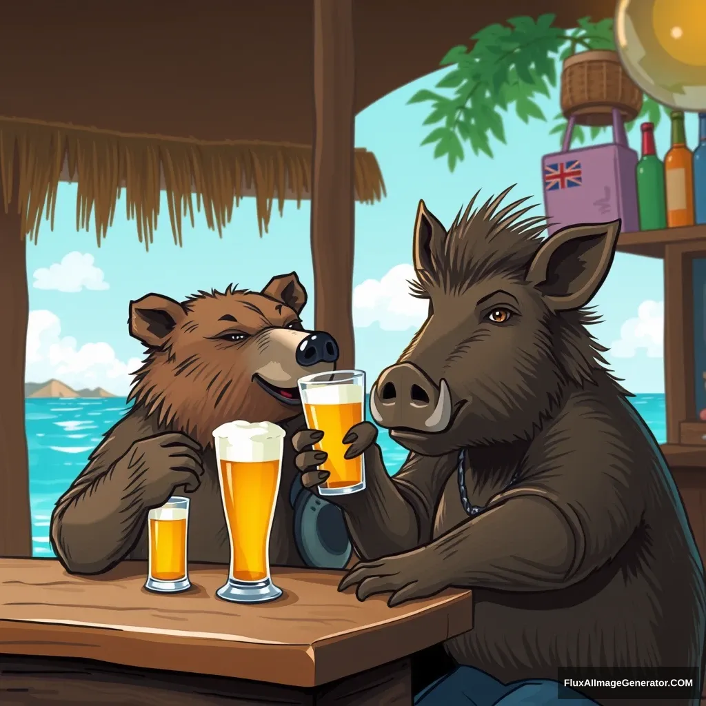 A bear having a beer at a bar with a boar in Bermuda realistic high-res photo. - Image