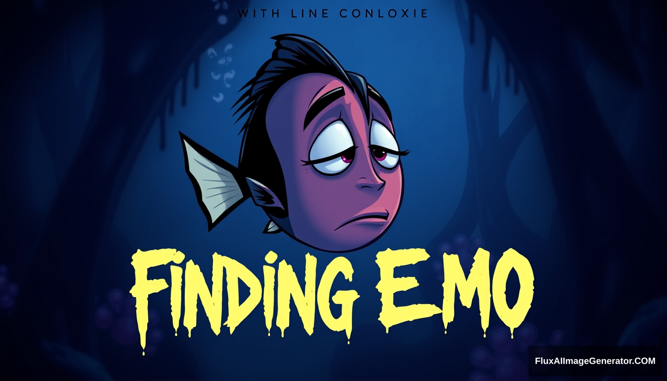 A digital illustration of a movie poster titled "Finding Emo", a Finding Nemo parody poster, featuring a depressed cartoon clownfish with black emo hair, eyeliner, and piercings, a bored expression, swimming in a dark underwater scene, in the background, the movie title in a dripping, grungy font, with a moody blue and purple color palette. - Image