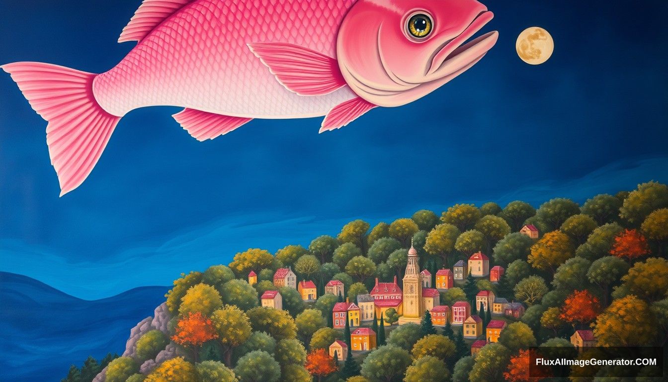 1. **Medium**: This image is a painting, characterized by its vibrant colors and surreal composition. The use of oil or acrylic paint is evident in the smooth textures and detailed rendering of both the fish and the surrounding landscape.

2. **Details and Style**: The painting features a giant pink fish that dominates the upper portion of the canvas, with intricate detailing on its scales and expressive eyes. Below, a bustling city with warm, glowing lights is nestled among lush trees. The composition balances the fantastical fish with the realistic depiction of urban life, creating a whimsical yet cohesive scene. The background is a deep blue night sky, highlighted by a full moon, enhancing the dreamlike quality.

3. **Mood and Setting**: The overall mood is magical and contemplative, evoking a sense of wonder. The juxtaposition of the enormous fish and the serene city reflects themes of nature intertwined with human existence. References to folklore or dreams are suggested, inviting viewers to explore the narrative possibilities within this enchanting setting. The scene feels both tranquil and mysterious, encouraging a sense of exploration and imagination.