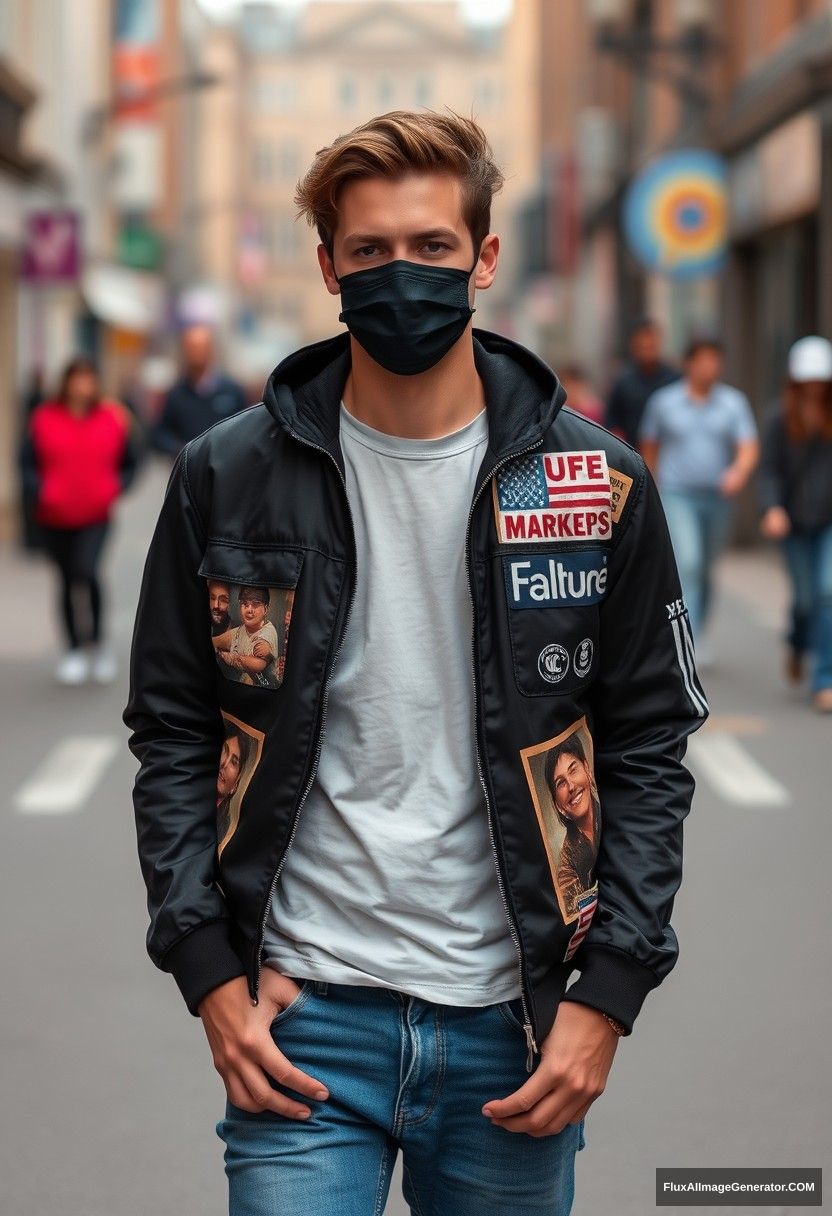 Jamie Dornan, young, black face mask, collage jacket, jeans, hyper-realistic, street photography, auralis.