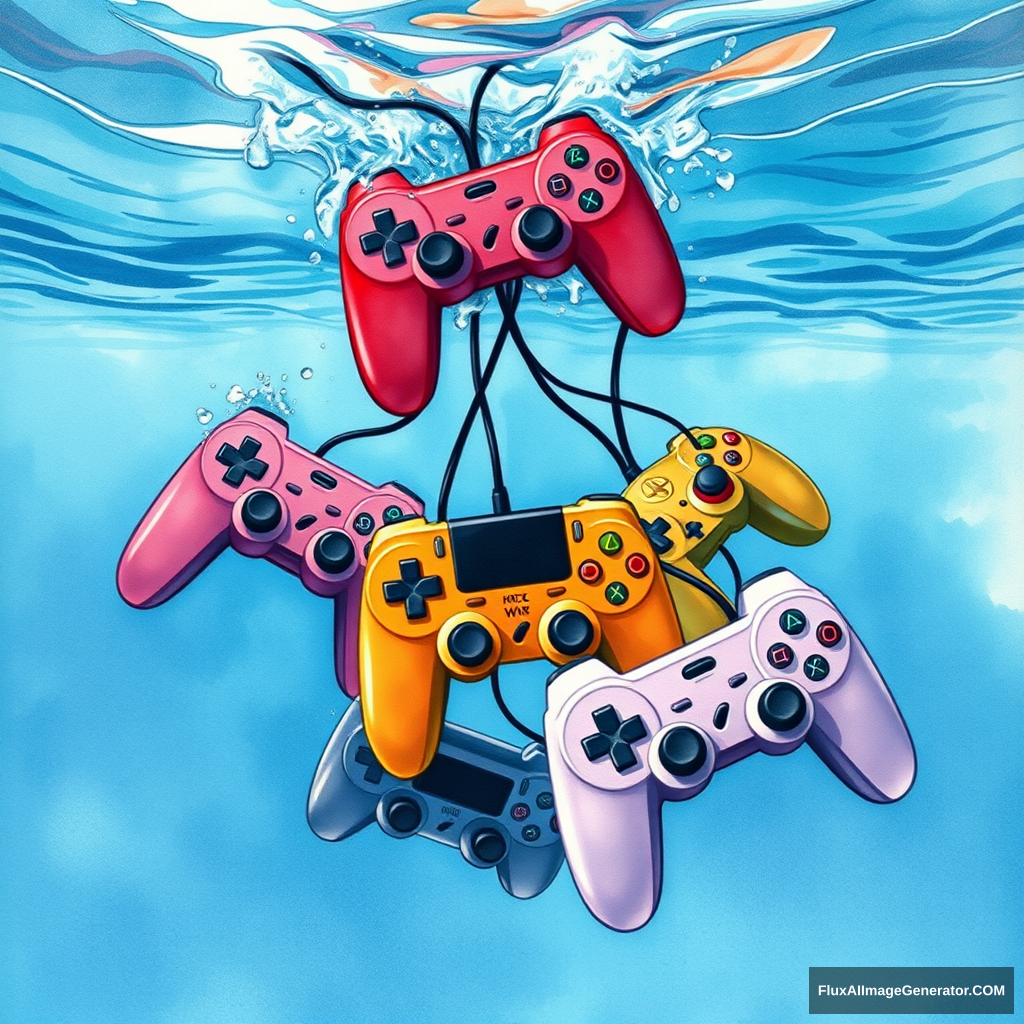 Watercolor art piece, multiple colorful game controllers cascading into crystal-clear water, visually depicting the sensation of drowning, expressive ripples and splashes, dynamic movement, subtle blending of hues, creating a hypnotic underwater scene, serene yet melancholic atmosphere, high-contrast details 4K, evoking a sense of loss and nostalgia amidst whimsical imagery, illustration, neon sign.