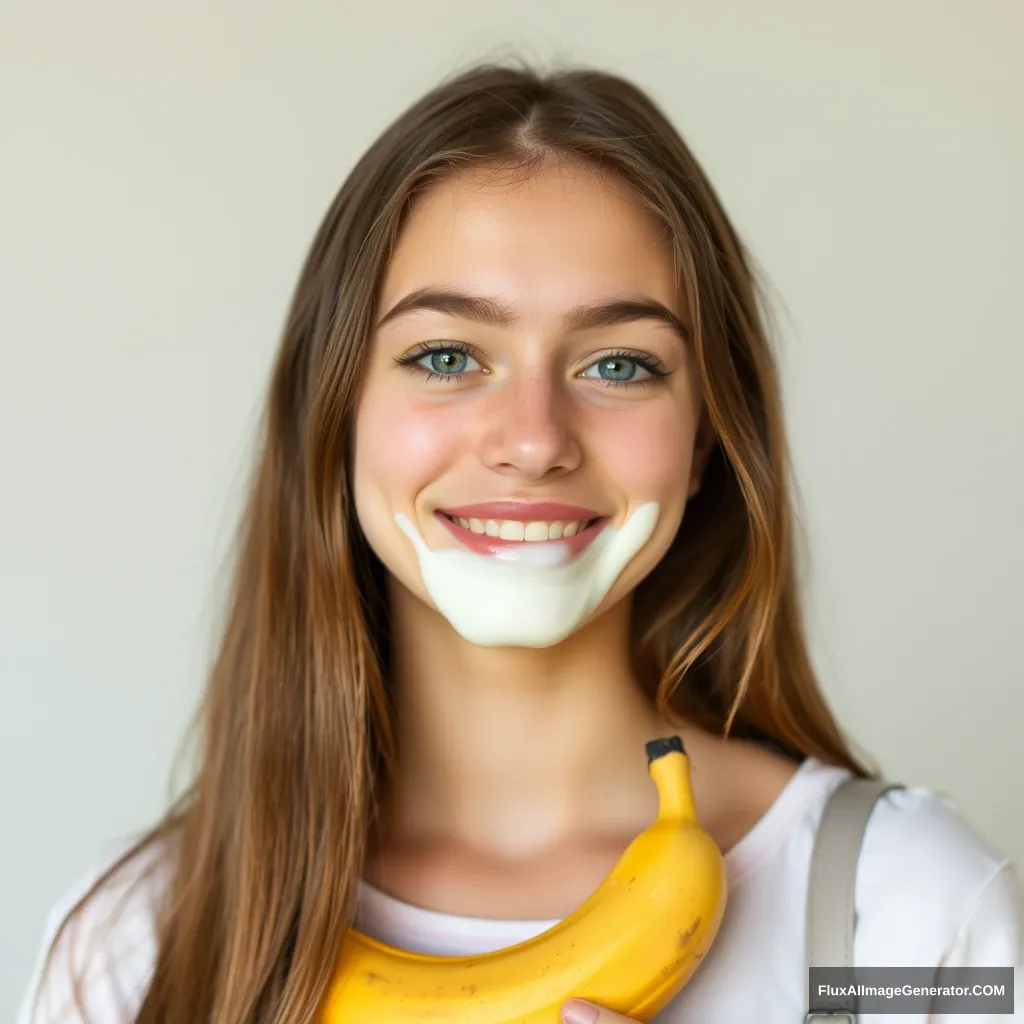 24-year-old college girl with a banana milk on her face - Image