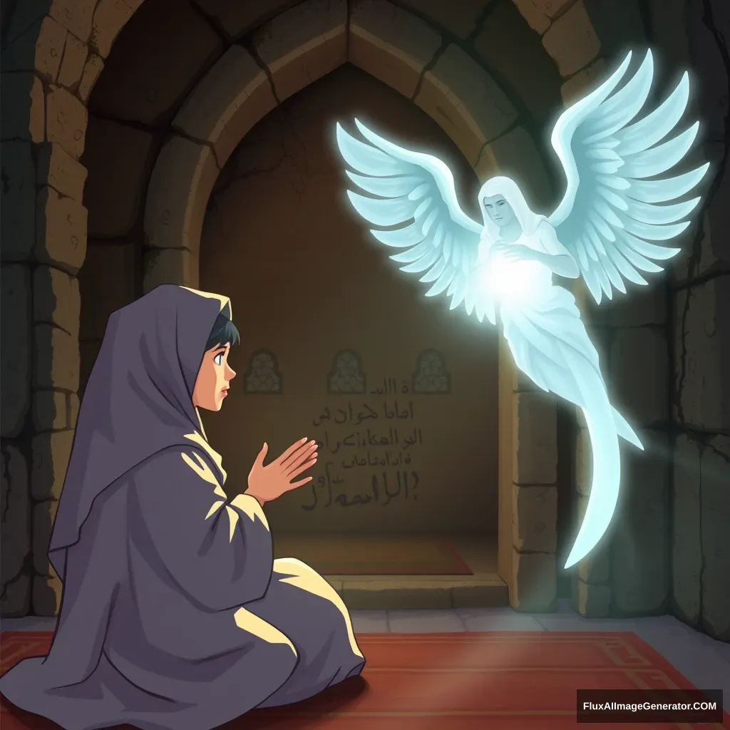 A peaceful scene inside a sacred temple. Maryam, a young woman with a serene expression, dressed in a simple robe, is praying in a small, dimly lit mihrab. Suddenly, an angel, Jibril, appears before her, radiating a gentle light. Jibril, in the form of a handsome man, speaks to her, while Maryam, initially startled, listens intently. The background is adorned with ancient stone walls, and the atmosphere is filled with a sense of divine presence and reverence.