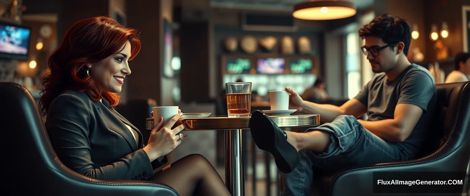 Cinematic Style. A woman and a man are sitting at a table in a bar, having a coffee. The woman has red hair, with a devious grin on her face, wearing business attire, black pantyhose, and open-toe high heels. She looks at the man with superiority. The man is 20 years old, wearing glasses, jeans, and a T-shirt. The shot is from the side, at a distance, showing both of their figures. The woman is looking at the man. The table has one leg in the middle, metallic. The woman and the man are sitting on opposite sides, facing each other. The man is looking down at the table. The woman is looking at the man and has one leg extended forward. Cinematic. - Image