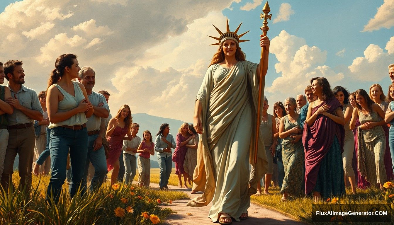 Renaissance oil painting style featuring a powerful and inspiring image depicting the concept of blockchain and decentralization. In the foreground, a goddess symbolizing blockchain and decentralization leads the people towards a bright future, reminiscent of the iconic painting 'Liberty Leading the People.' She is surrounded by families and individuals of predominantly European descent who are joyous and supportive, embracing and helping each other. The scene is vibrant and full of hope, capturing the essence of unity, progress, and decentralized, family-based agricultural production. Light shines from the front, illuminating the scene.