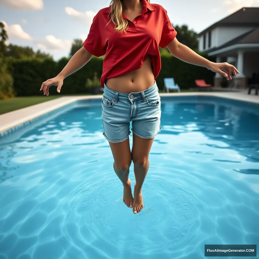 Front view of a young blonde skinny woman who is well-tanned, in her early twenties, is in her large backyard wearing an oversized red polo t-shirt that is slightly off-balance on one shoulder, with the bottom part untucked. She is also wearing medium-sized light blue denim shorts and has no shoes or socks. She jumps into the pool upside down.