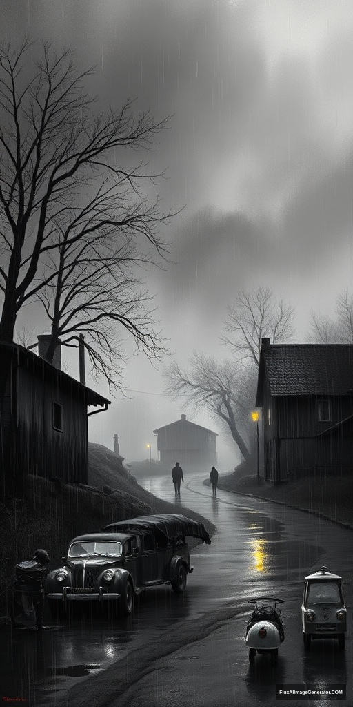 village, rain, evening, lanterns, fog, black and white, in the style of painter Aivazovsky - Image