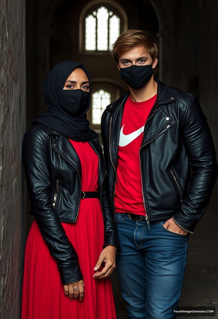 A biggest black hijab girl, beautiful eyes, black face mask, black leather jacket, biggest red longest dress, not tall, standing near him,

Jamie Dornan, handsome, youngest, black face mask, fit and tough body, red Nike t-shirt, black leather jacket, jeans, tall man, leaning against the wall,

Hyper realistic, photorealistic, studio photography, Victoria's abandoned castle, gloomy.