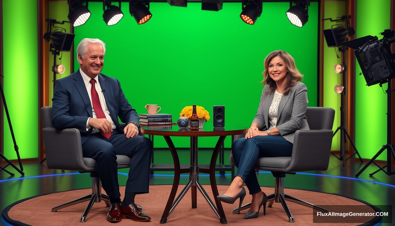 Photorealistic photo of host and guest sitting on the hard set of a talk show in front of a table and other props, shot against a background of a green screen chroma set with studio lights.