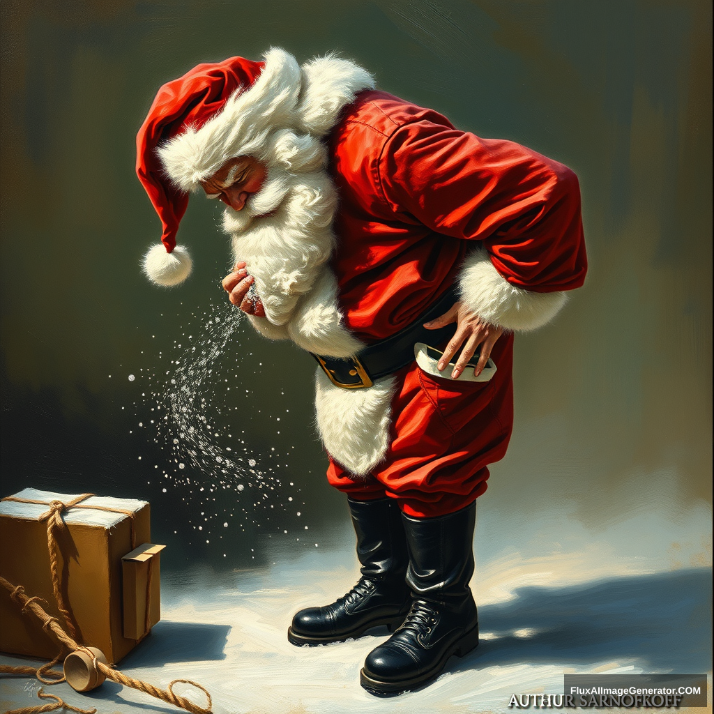 Santa is bent over, wincing as glitter is blown out of his hip pocket, a painting by Authur Sarnoff, 4k.