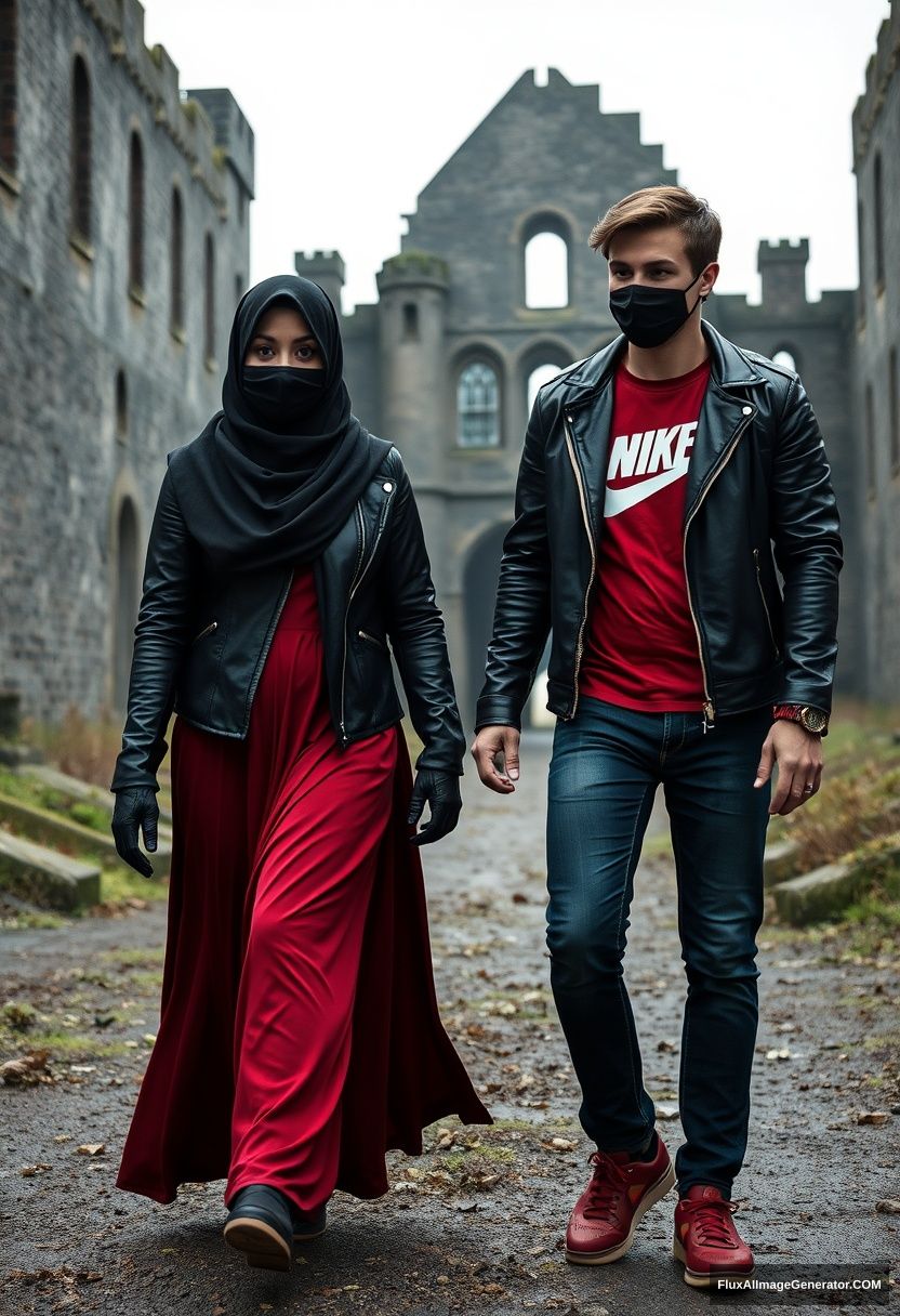 A big black hijab girl, beautiful eyes, black face mask, black leather jacket, the biggest, longest red dress, not tall, walking near him and in love, love couple.

Jamie Dornan, handsome, youngest, black face mask, fit and tough body, red Nike t-shirt, black leather jacket, jeans, red sneakers, tall man, walking near her, love couple.

Hyper-realistic, photorealistic, studio photography, exploring Victoria's abandoned castle, gloomy.