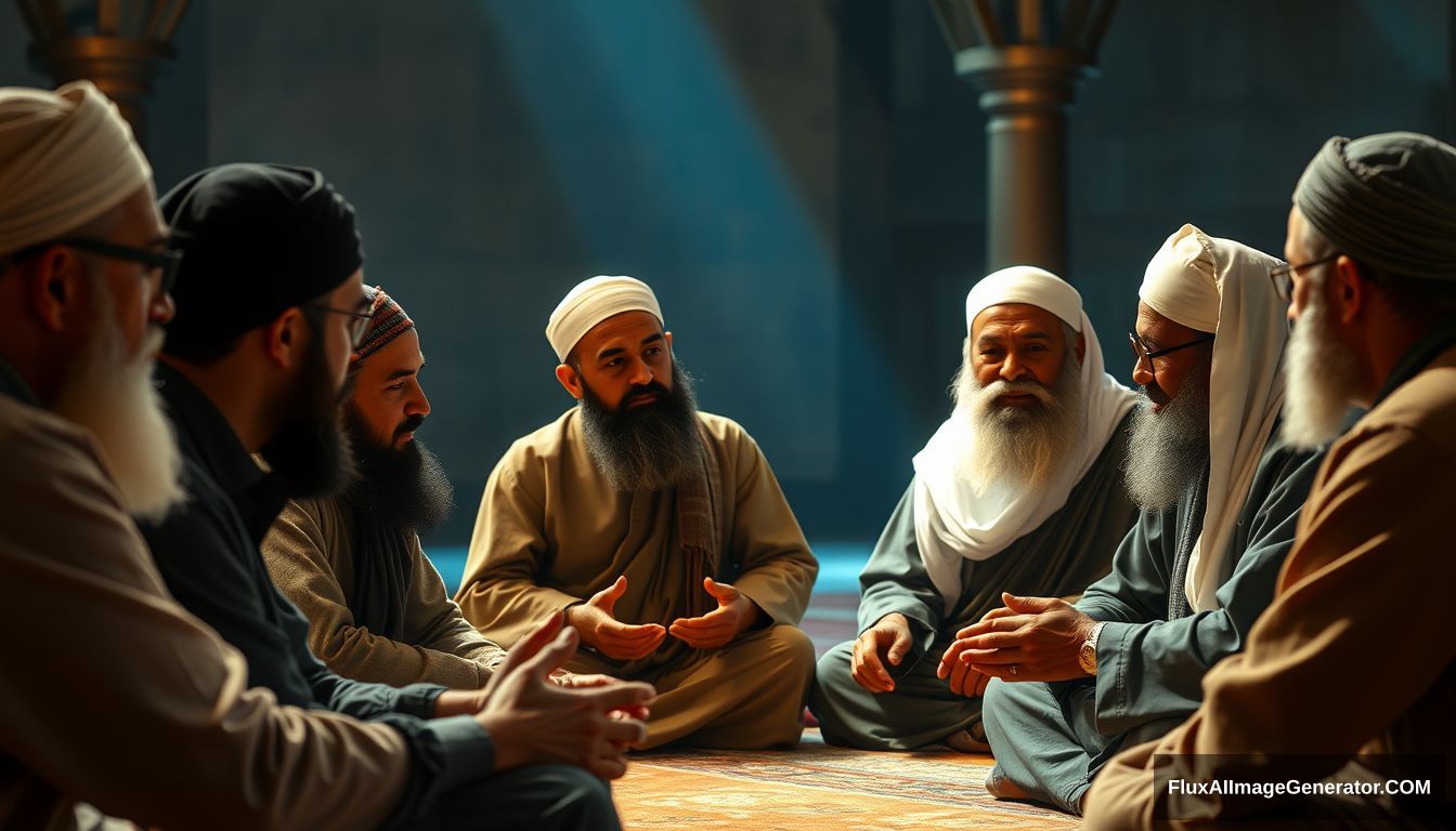 A group of Muslims discussing in Ultra HD, realistic, educational, with warm and cinematic lighting. - Image