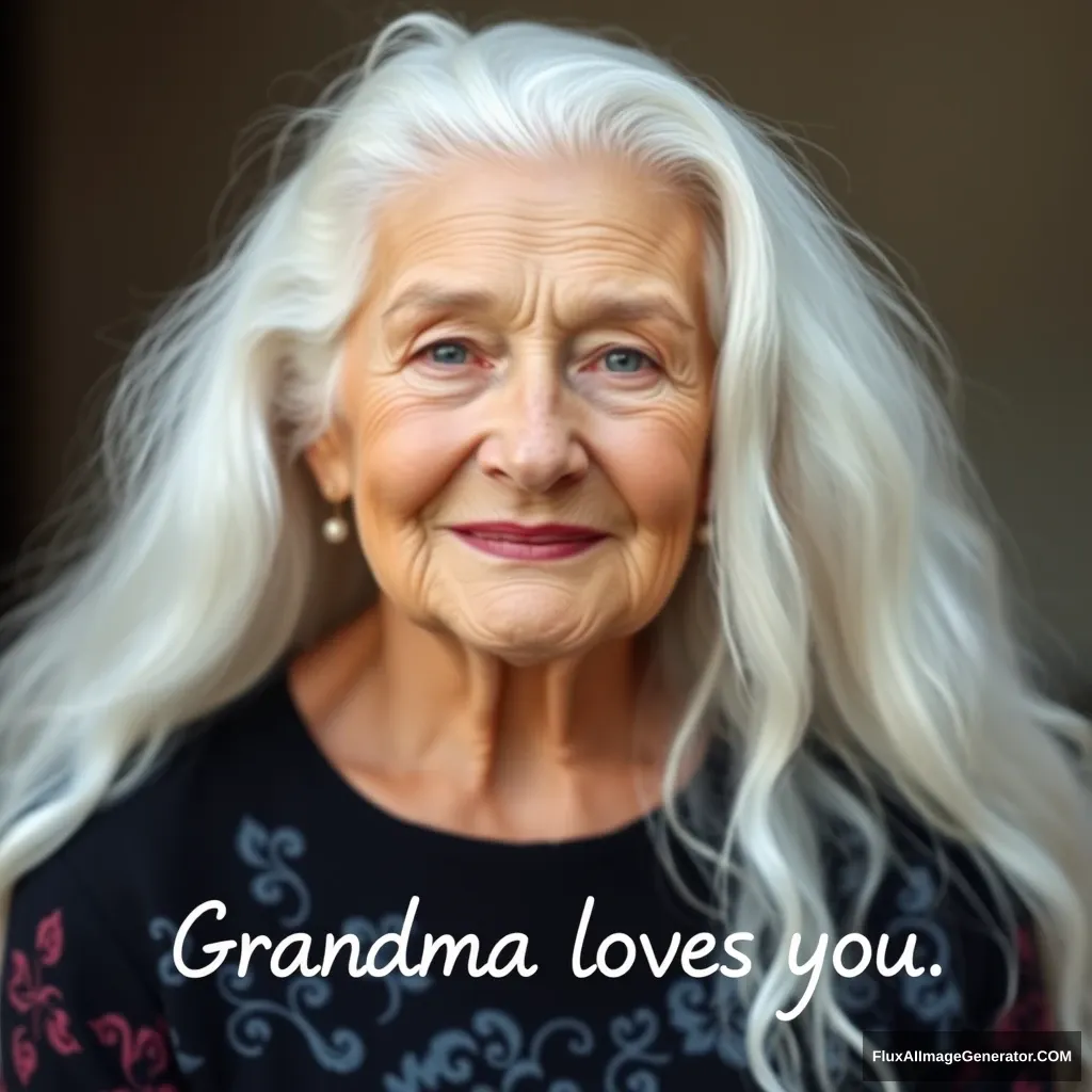 A gorgeous grandmother, with long white flowing hair. Write, "Grandma loves you."