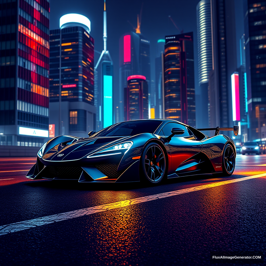 A realistic new model hyper car with a funky vector city background in a night view. - Image