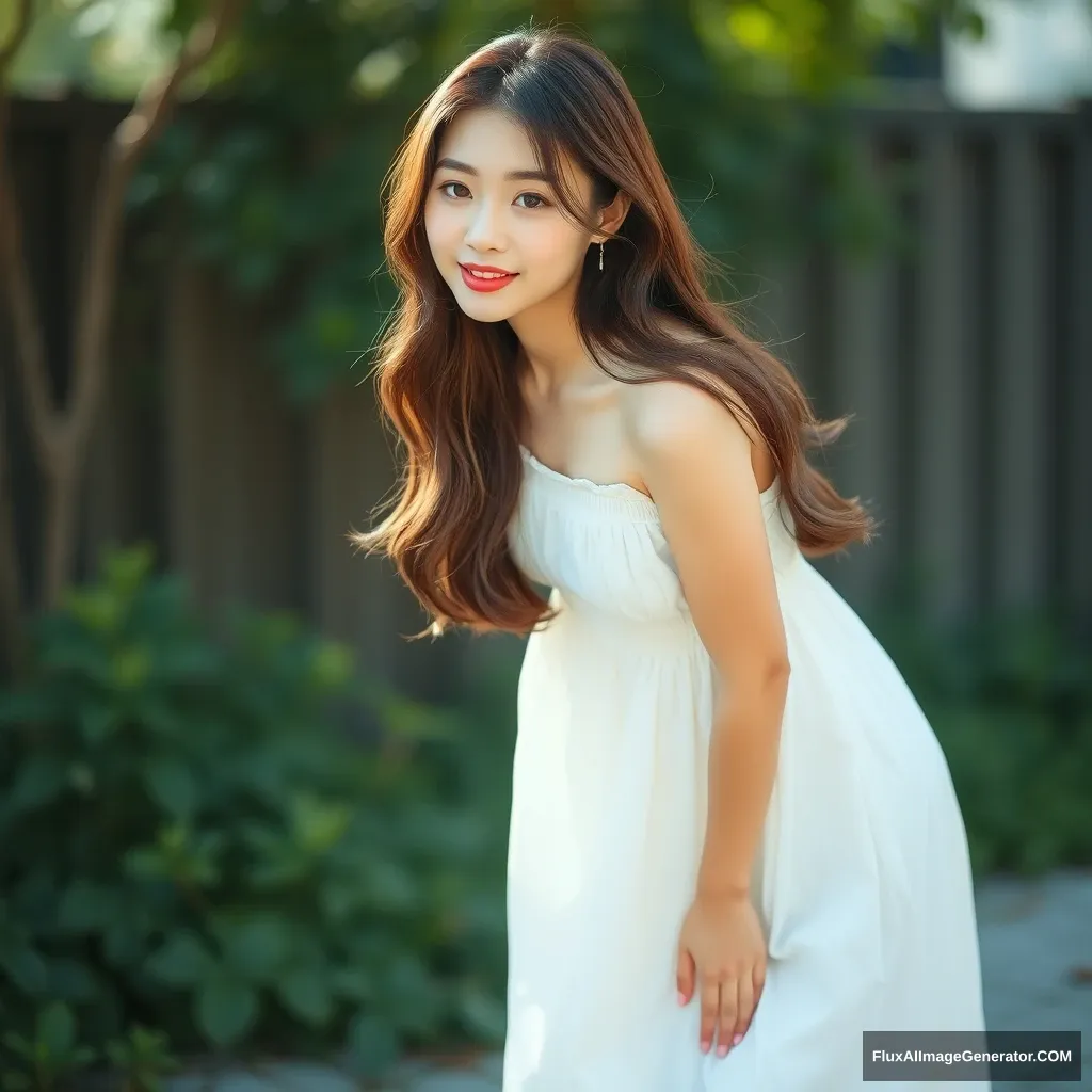 A photo of a pretty young Korean model, in a white summer dress, full body portrait, leaning forward.