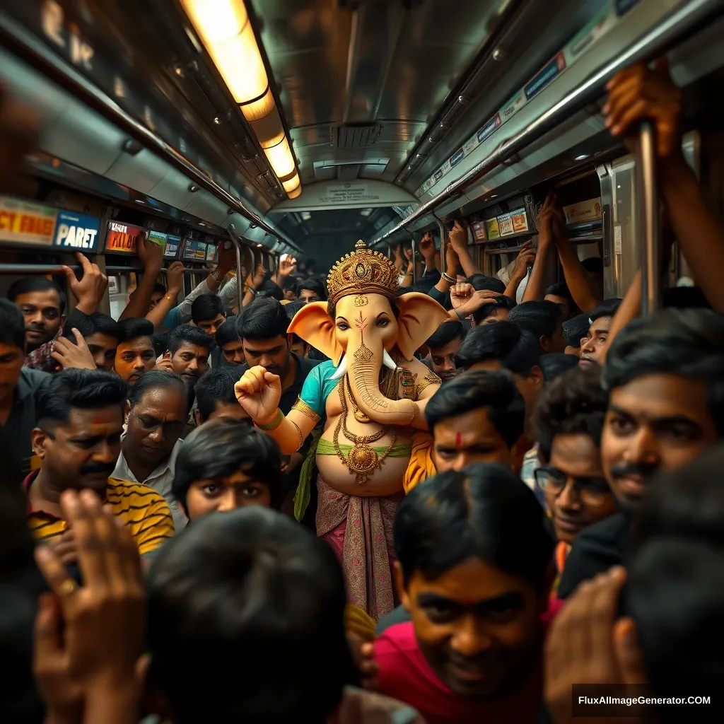 Lord Ganesha, depicted as a real human god, traveling in a packed Mumbai local train during peak rush hour. The train is crowded, with every inch of space filled by daily commuters, all jostling for room. Ganesha, standing calmly amidst the crowd, blends in with the other passengers, radiating a touch of divine aura.

The scene captures the essence of Mumbai's local trains: the hustle and bustle, the energy, and the diversity of people—office workers, students, and vendors—all squeezed together, holding onto the overhead handles or leaning against the doors. Despite the cramped space, there’s a sense of excitement in the air as a few passengers recognize Ganesha. Their expressions range from surprise to joy, with some whispering among themselves and others offering a silent prayer. Unreal engine, 4k, evening time, little duct, smiling faces, happy, fast, speed, Mumbai local train, dark environment. - Image