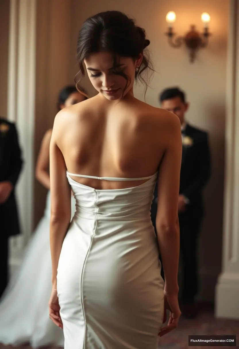 A short young woman, sensitive, delicate, ashamed, wearing a backless strapless side-less low-waisted open-back contouring wedding dress with a too-loose top that seems like it's coming undone, in front of patriarchy, expectations. - Image