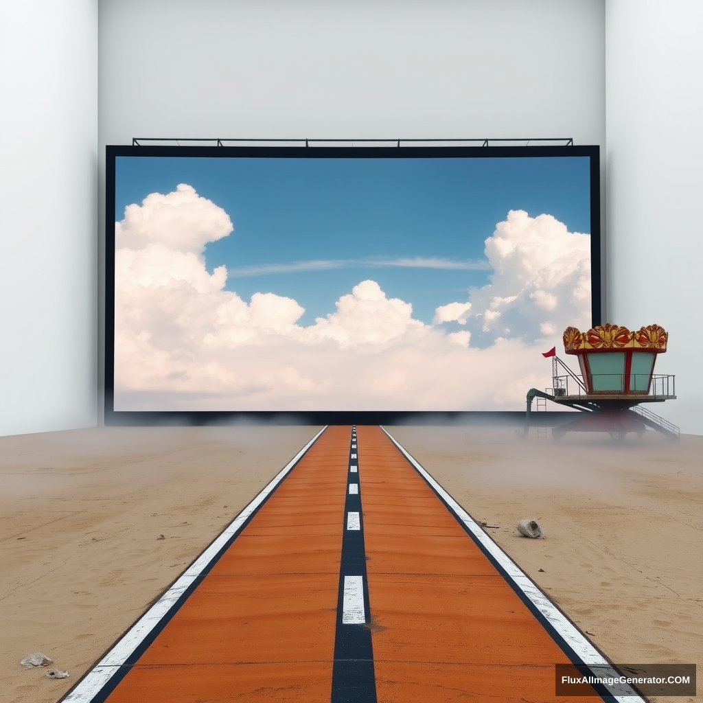 1100 feet tall and 2350 feet wide, a screen displays clouds and sky with a tiny runway leading from a vantage point towards the screen. The vantage point of the runway grows larger as it approaches the forefront of the overall image, situated on a beach with an overarching theme reminiscent of the movie 300 or Kanye West's "Blood on the Leaves." Old amusement park ride parts peek through the fog alongside the runway, completely filling the side spaces with no gaps, ensuring that the only visible area on the floor is the runway itself—excluding the runway but covering the side areas. There are no people in the image, which is presented in 4k. The sky is transformed into an all-white wall, resembling a photographer's white room within a vast warehouse-like space that appears endless, without a ceiling or other walls. - Image