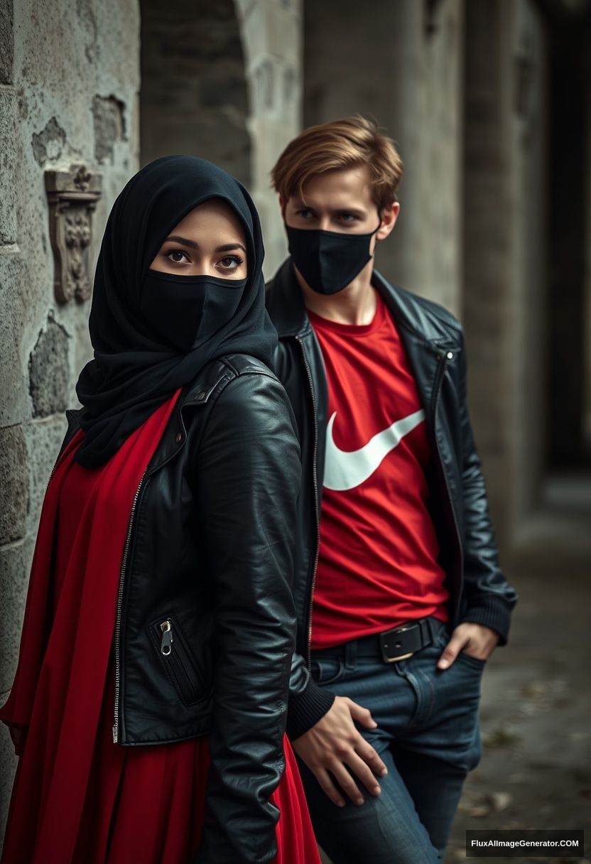 A biggest black hijab girl, beautiful eyes, face mask black, black leather jacket, biggest red longest dress, not tall, leaning at him,

Jamie Dornan, handsome, face mask black, fit and tough body, Nike red t-shirt, black leather jacket, jeans, tall man, leaning against the wall.

Hyper-realistic, photorealistic, studio photography, Victoria's abandoned castle, gloomy.