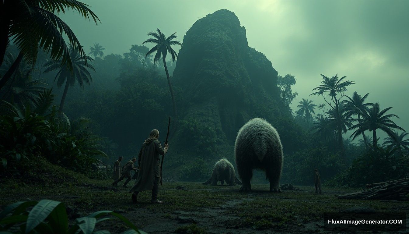 An eerie, desolate island with dense foliage. Tamim and his companions encounter Al-Jassasah, a mysterious, large, furry creature with indistinguishable front and back, amidst the jungle. Ultra HD, realistic, fantasy-like, with atmospheric and cinematic lighting. - Image