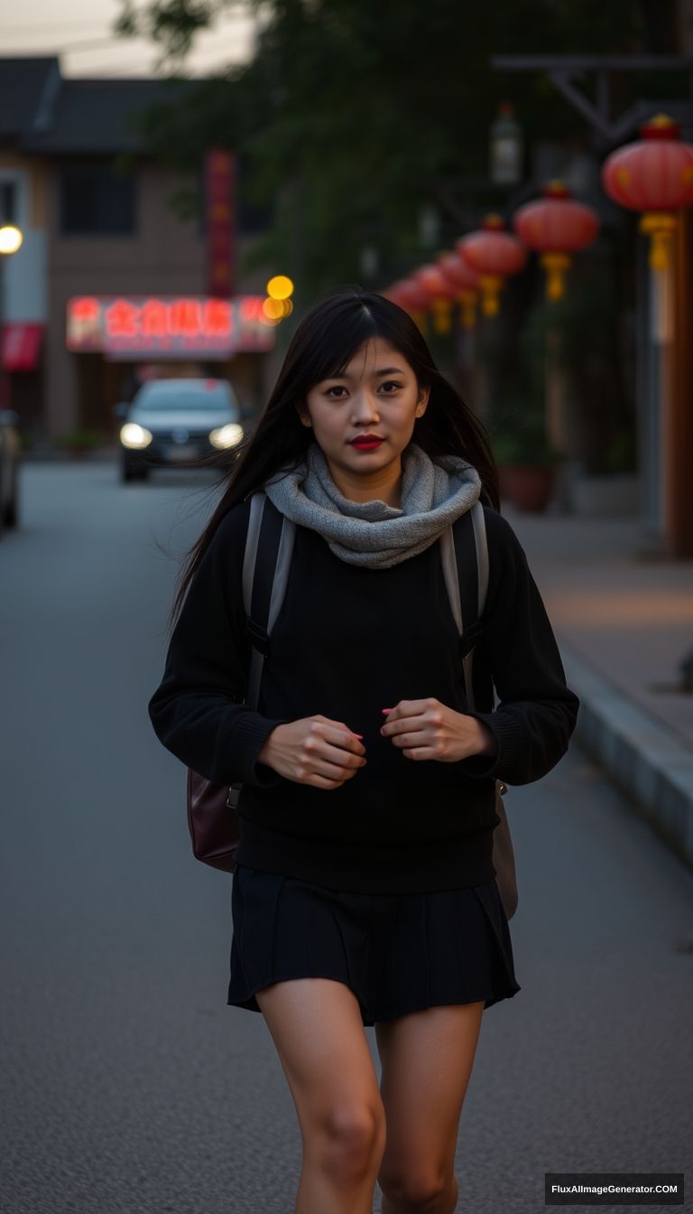 "A female high school student is on her way home from school in the evening in China."