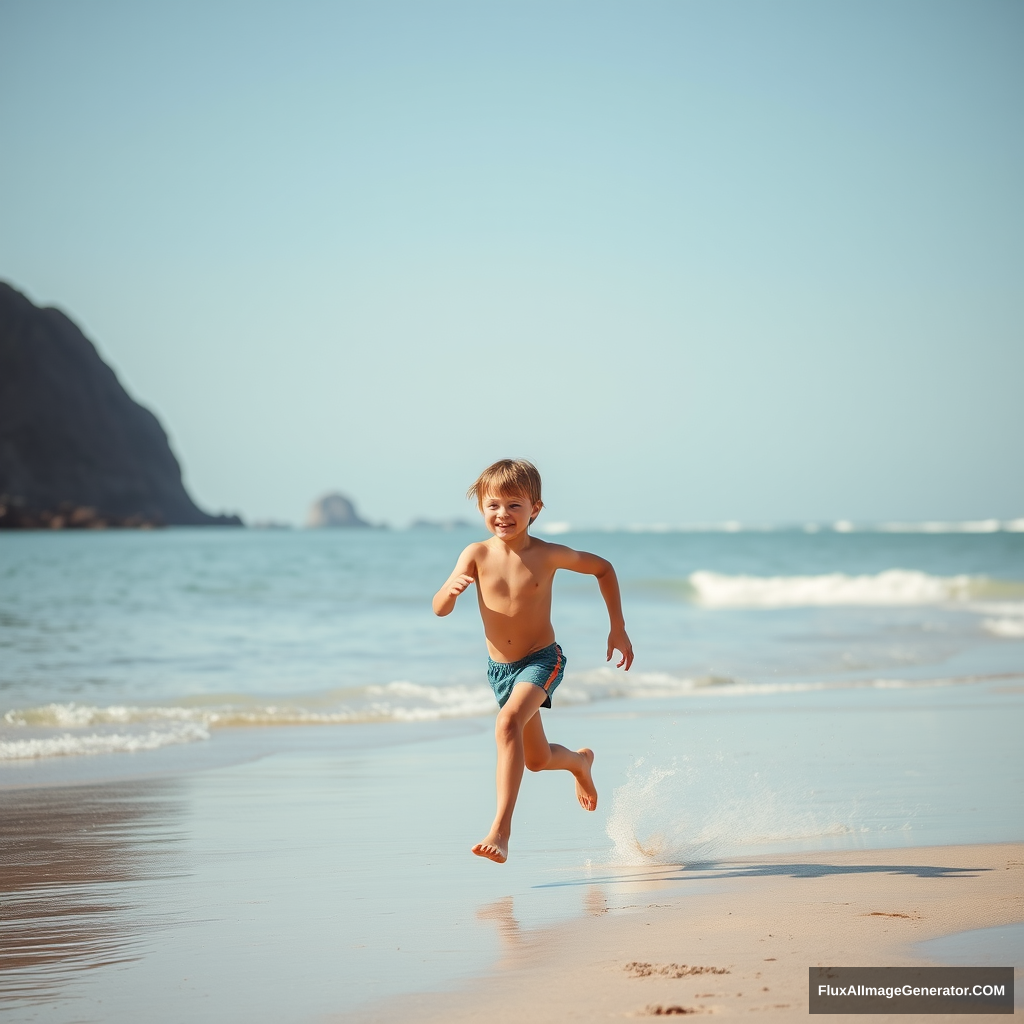 shirtless boy at the beach running - Image