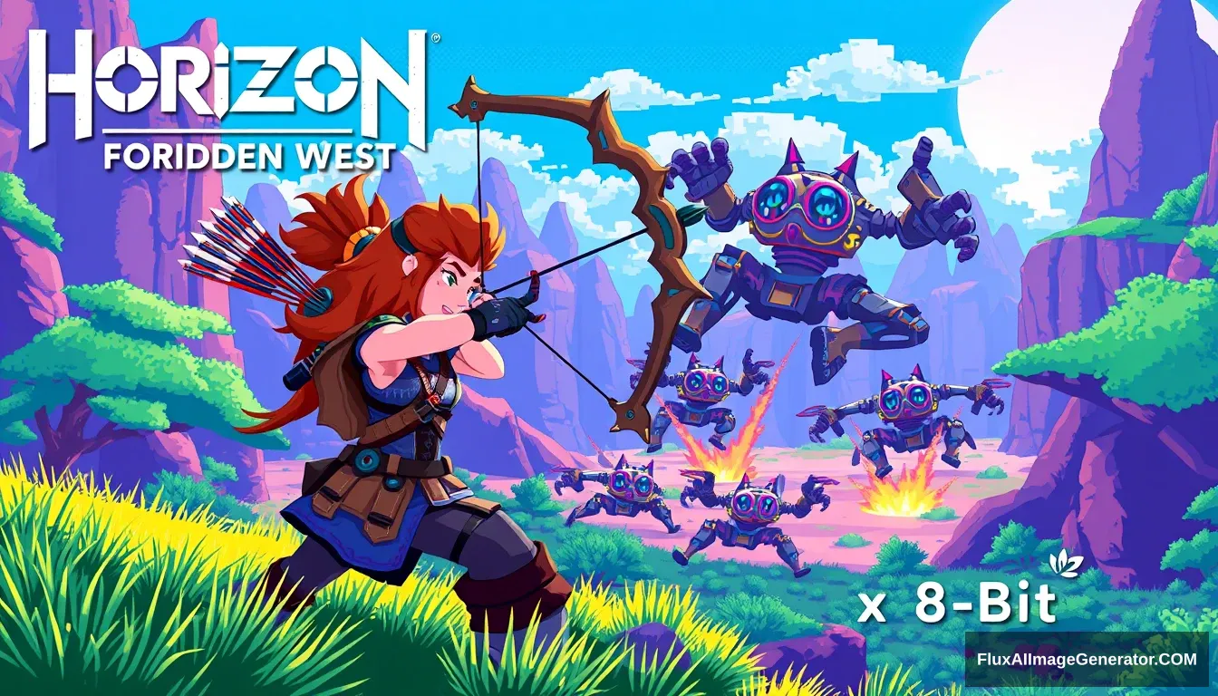 A high-energy poster showing Aloy from Horizon Forbidden West in a classic 8-bit video game environment, battling pixelated robotic enemies with her bow and arrows in a vibrant, retro-inspired landscape. With Text: "Horizon Forbidden West x 8-Bit" - Image