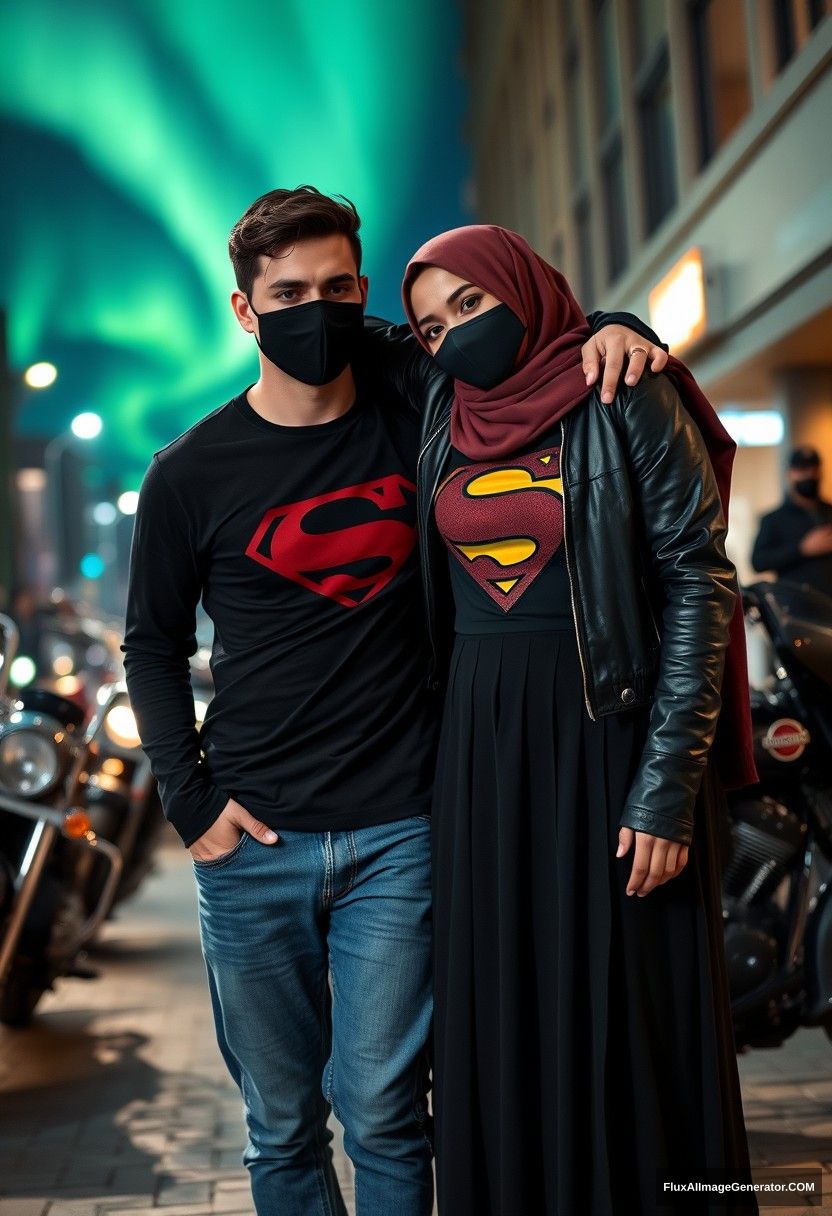 Jamie Dornan, tall and young, wearing a black face mask, a long-sleeved black Superman T-shirt, and jeans, is dating a romantic hijab-wearing Muslim girl with beautiful eyes, also wearing a black face mask, a leather jacket, and the longest, biggest skirt, who is not tall. They are posed with her laying on his shoulder, standing near motorbikes for photography, specifically a Harley Davidson model, in town. The scene is photorealistic street photography at night, featuring an aurora borealis. - Image