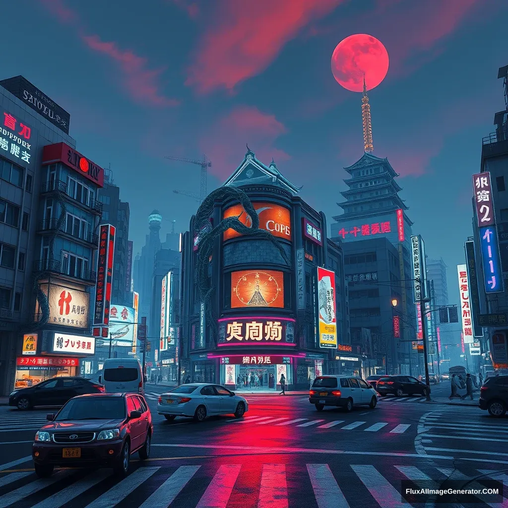 A cyberpunk style video game concept painting, wide-angle Tokyo city view, Shibuya Scramble Crossing, buildings are corrupted by giant demon vines, night scene, crosswalk line, abandoned vehicles, blue and purple neon lights, Japanese Edo Castle, sky is dyed red. - Image