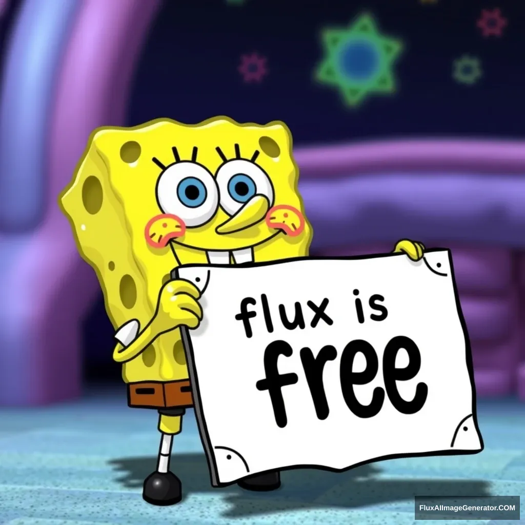 SpongeBob holding a sign that says “flux is free.” - Image